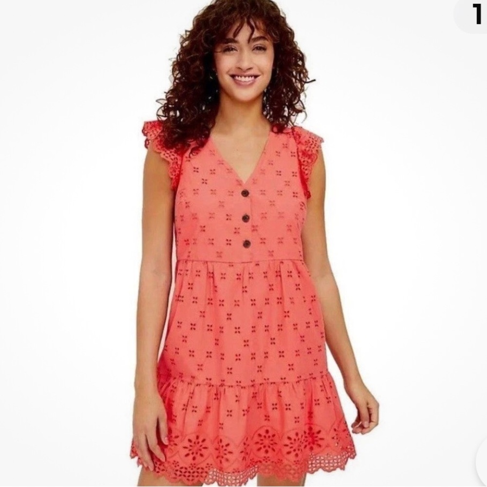 LOFT Coral Eyelet Tiered Dress 8